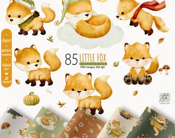 Watercolor Fox Clipart, Woodland Animals, Nursery Art (PNG)