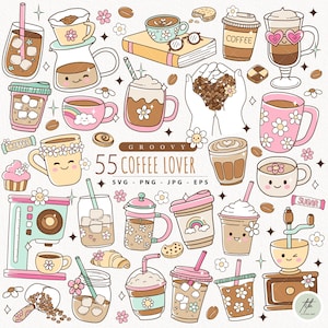 Groovy Coffee Lover Clipart, Trendy Iced Coffee SVG Bundle, Barista Coffee Supplies Clipart, Coffee Cup Positive Vibes,  Coffee Gift Shirt