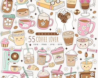 May include: A set of 55 digital illustrations featuring coffee-themed designs. The illustrations are in a cartoon style and include various coffee cups, mugs, beans, and other coffee-related items. The illustrations are perfect for use in digital projects, such as scrapbooking, card making, and social media.