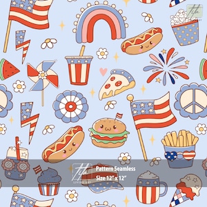 May include: Seamless pattern with patriotic American symbols on a light blue background. Includes flags, hot dogs, burgers, pizza, fireworks, and a rainbow. The text "Pattern Seamless Size 12" x 12"" is also present.