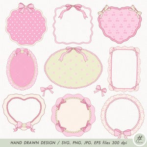 May include: Set of nine pink and white frames with bows. The frames are in various shapes, including circles, ovals, hearts, and squares. The frames are decorated with polka dots, pearls, and lace.