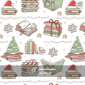 Puede incluir: Patrón repetitivo con pilas de libros, árboles de Navidad, copos de nieve y gorros de Papá Noel. Los libros son en tonos verdes y rojos, algunos con decoraciones festivas. El texto "Christmas Joy" es visible en un libro abierto. El patrón es de 30,48 cm x 30,48 cm.