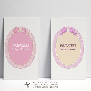 May include: Two printable cards with a pink and beige oval frame with a pearl border and a pink bow with a rhinestone. The text on the cards reads "Princess baby shower".