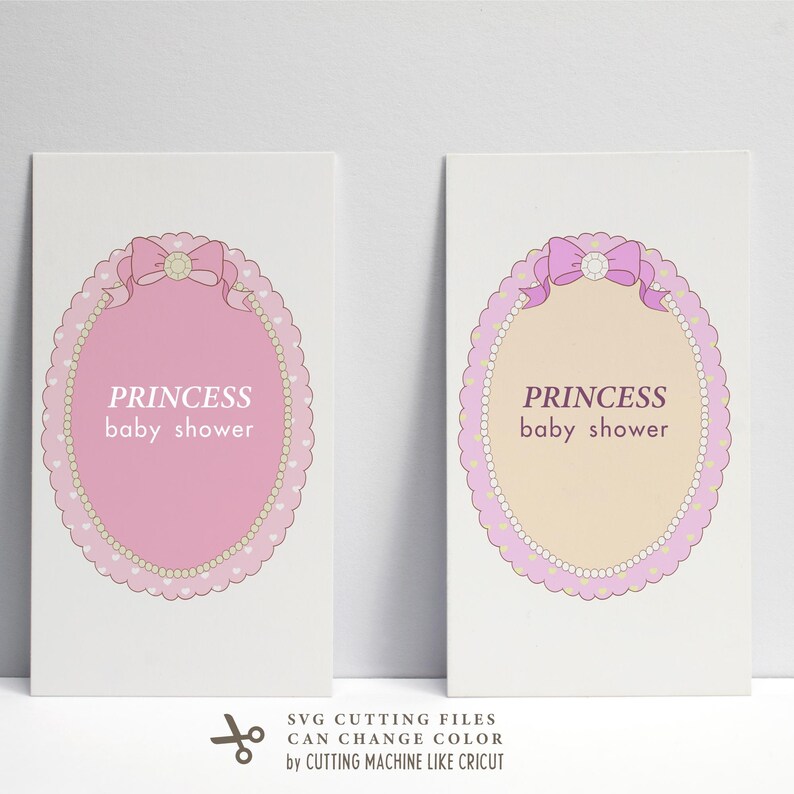 May include: Two printable cards with a pink and beige oval frame with a pearl border and a pink bow with a rhinestone. The text on the cards reads "Princess baby shower".