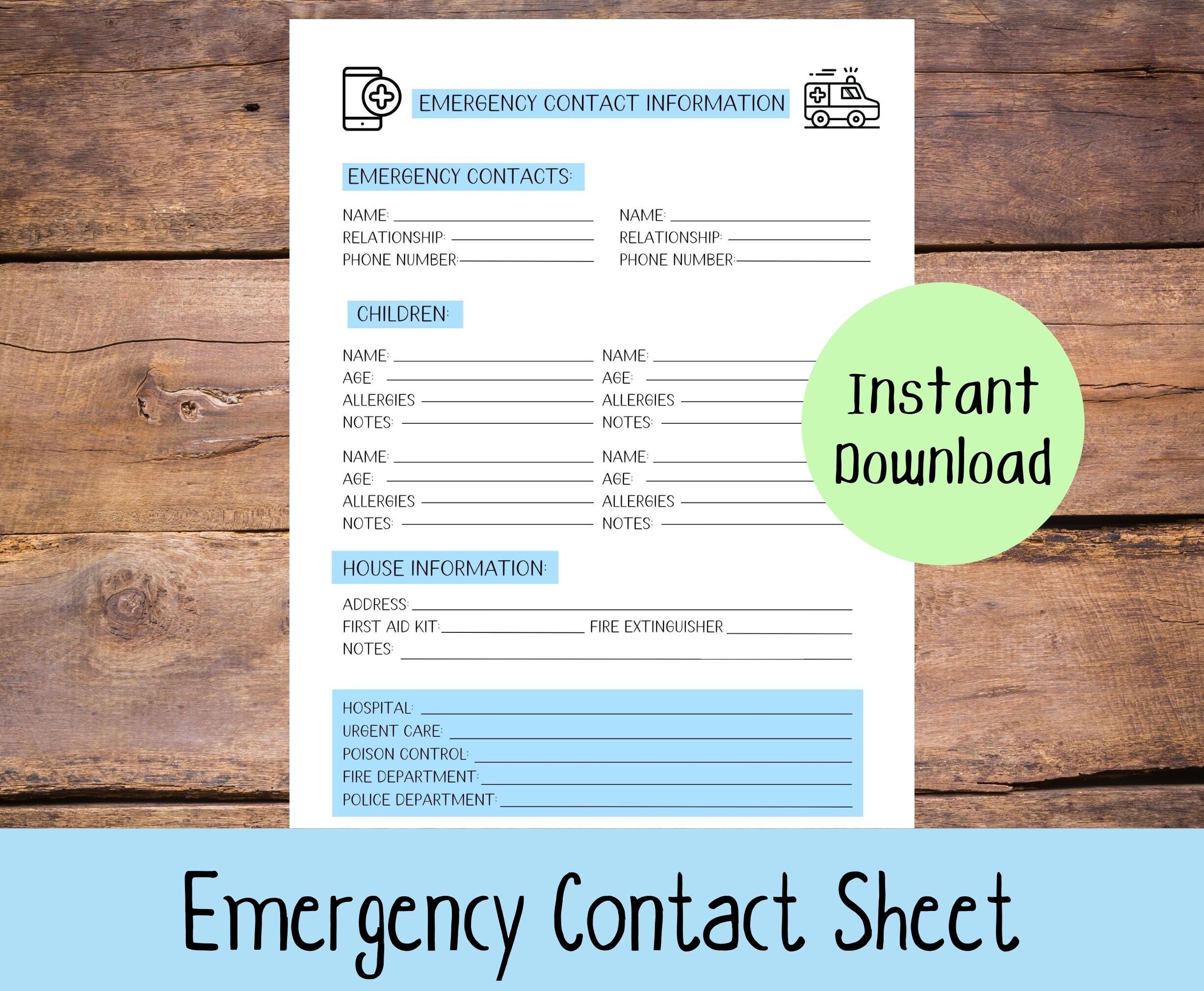 printable emergency contact sheet for babysitter emergency etsy