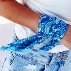 Peut inclure: Un bandana bleu et blanc à motif noué autour d'un poignet. Le bandana a un motif de peau de serpent.
