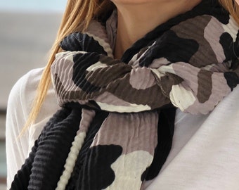 Cotton Rectangle Scarf - Hand Designed in Grey Black White Camouflage Pattern