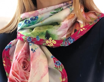 Silk Square Scarf - Hand Designed in Candy Pink Green Floral Pattern