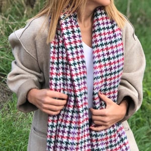 Long Wool Acrylic Cotton Shawl - Hand Designed in Purple White Green Pattern