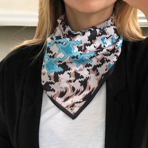 Silk Square Scarf - Hand Designed in Black, Cream and Blue Pattern