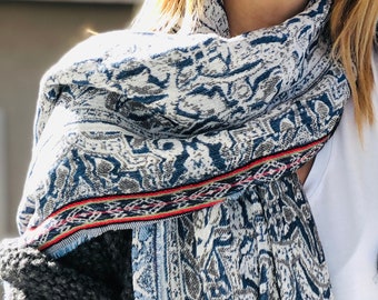 Cotton Rectangle Scarf - Hand Designed in  Light Blue Red White Printed Ethnic Pattern