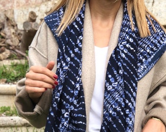 Cotton Large Square Scarf - Hand Designed in Dark Blue White Pattern