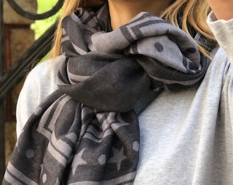 Anthracite Gray Acrylic Cotton Rectangle Scarf - Hand Designed in  Geometric and Star  Pattern