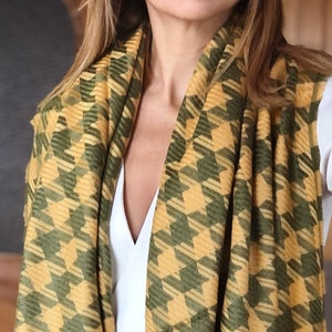 Long Wool Acrylic Cotton Shawl - Hand Designed in Yellow Khaki Green Pattern