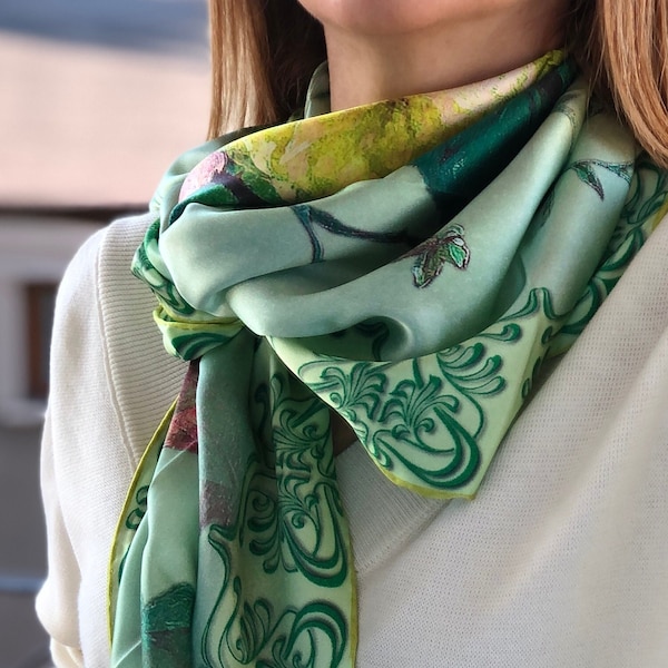 Silk Square Scarf - Hand Designed in Green Floral Pattern