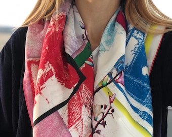 Silk Square Scarf - Hand Designed in Pink Blue Red Flower Pattern