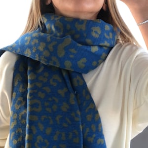 Cotton Large Rectangle Scarf - Hand Designed in Blue Color Leopard Pattern Shawl