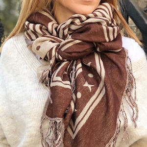 Brown Acrylic Cotton Rectangle Scarf - Hand Designed in  Geometric and Star  Pattern