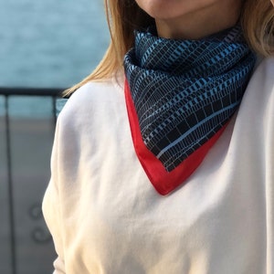 Satin Square Scarf - Hand Designed in Red and Navy Blue Pattern