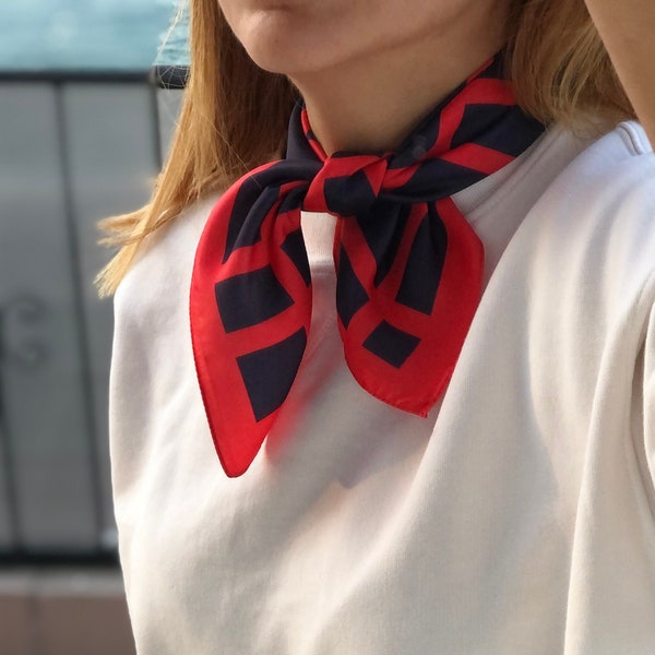 Satin Square Scarf - Hand Designed in Red Black Geometric  Pattern