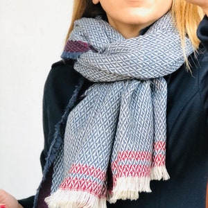 Long Wool Cotton Shawl - Hand Designed Beige Blue Red  in Pattern