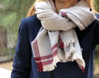Long Wool Cotton Shawl - Hand Designed Beige Red Light Grey in Pattern