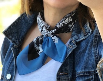 Silk Square Scarf - Hand Designed in Black Blue Pattern