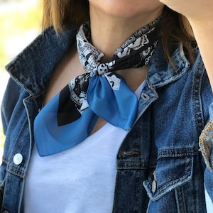Silk Square Scarf - Hand Designed in Black Blue Pattern