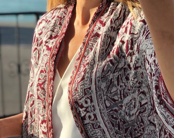 Foulard rectangle en coton - Conçu à la main en motif ethnique imprimé au ruban