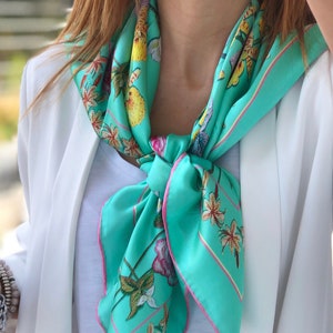 Silk Square Scarf - Hand Designed in Green Yellow Orange Pink Floral Pattern