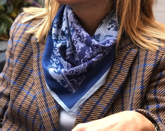 Silk Square Scarf - Hand Designed in Blue Pattern