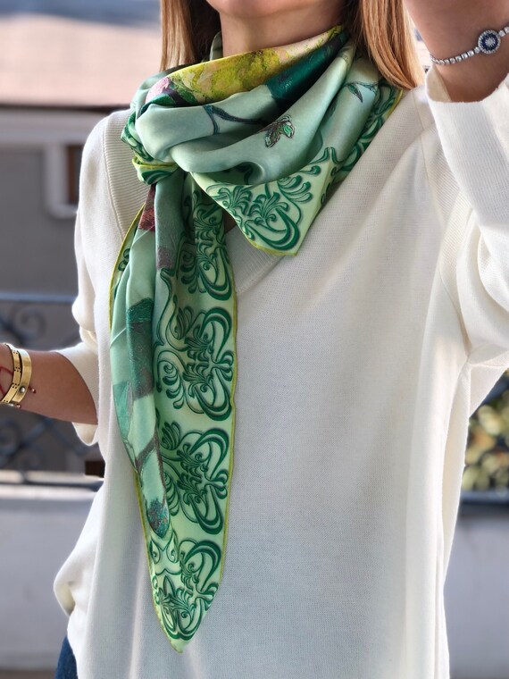 Green silk neck scarf discount