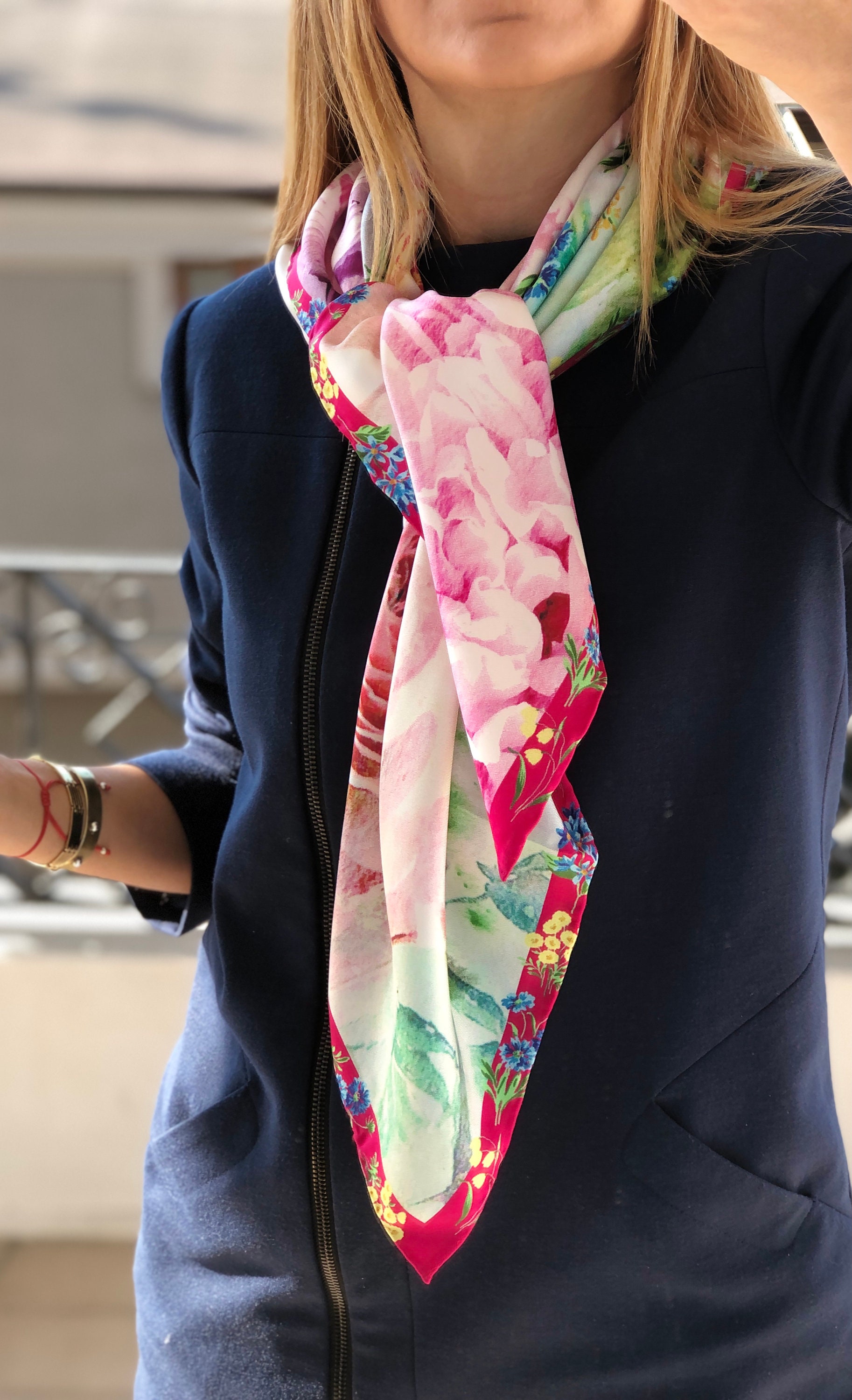 Silk Square Scarf - Hand Designed in Candy Pink Green Floral