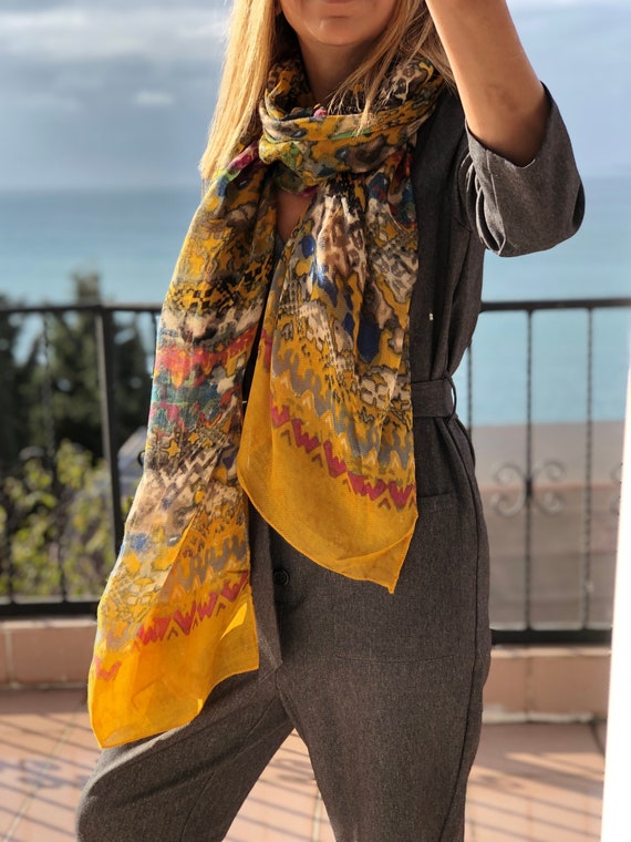 Cotton Rectangle Scarf Hand Designed in Yellow Multicolor Pattern