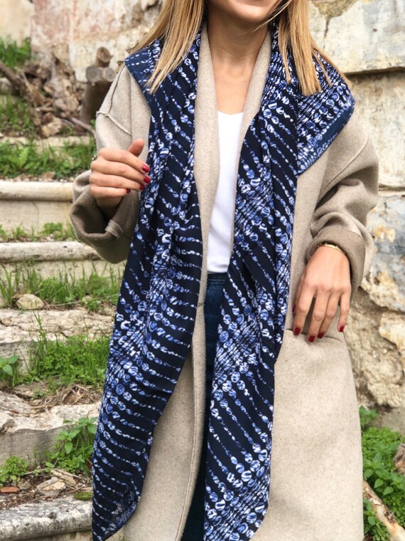 Cotton Large Square Scarf Hand Designed in Dark Blue White Pattern