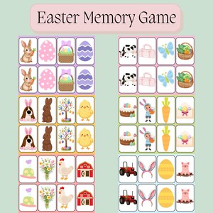 Peut inclure: Un jeu de mémoire de Pâques avec des illustrations colorées de lapins, d'œufs, de paniers, de poussins et d'autres images sur le thème du printemps. Les cartes de jeu sont disposées en rangées et en colonnes sur un fond vert clair.