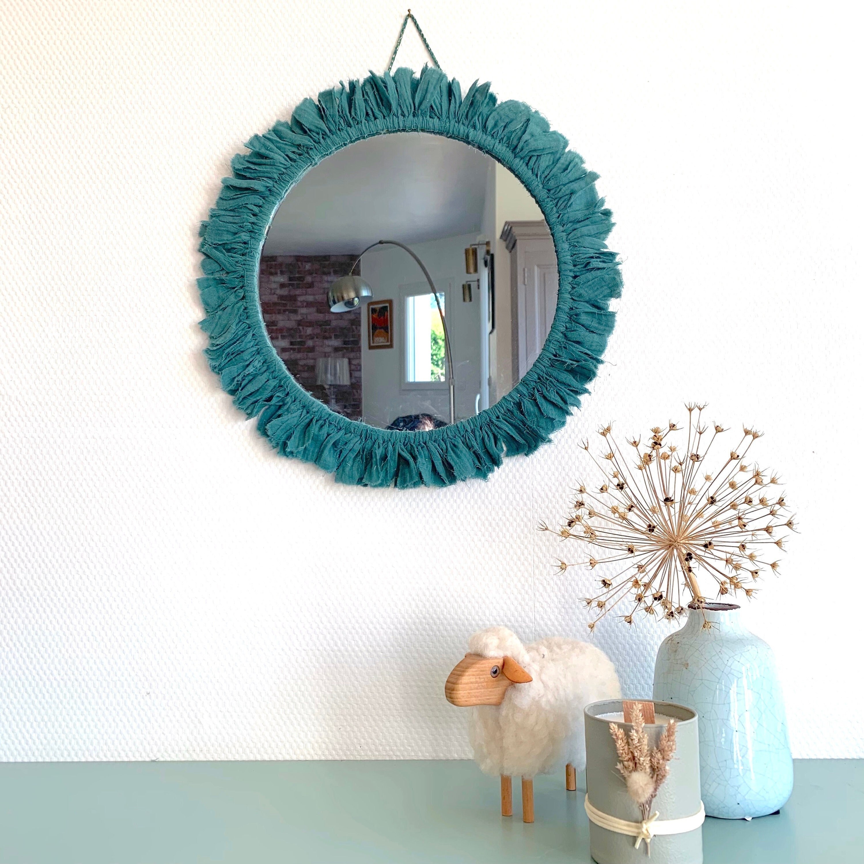 Miroir Mural - Miroir Bohème Rond Tissus Fait Main Vert