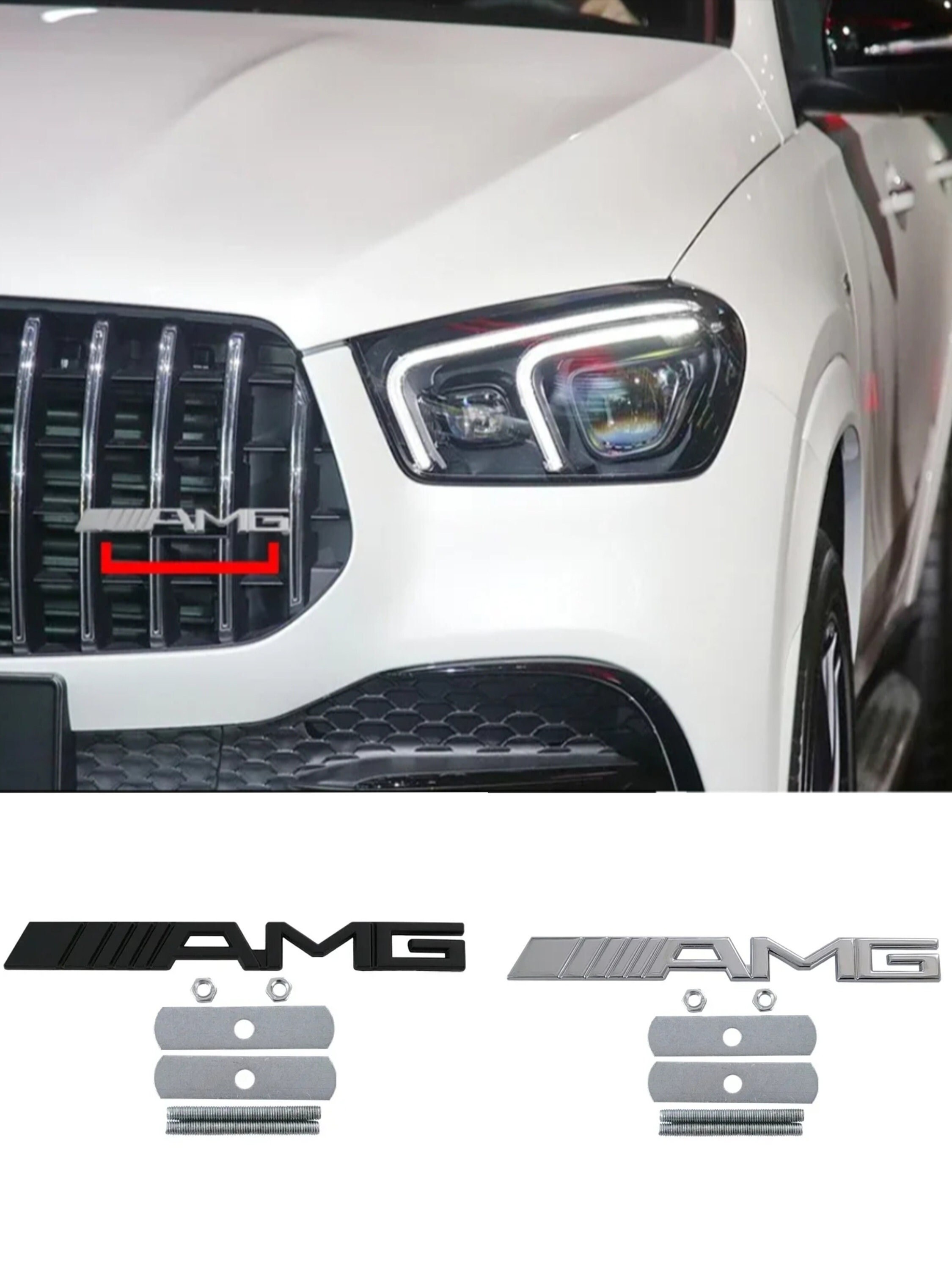 thumbnail image 2 of Chrome AMG Grille Logo Emblem - Fits CLA, CLS, GLK, ML, GT Models (Front) 2 of 5