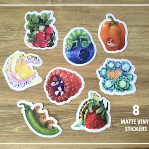 Cute Animal Stickers / Matte Vinyl Sticker Pack / Animals and Food / Set of 8 / Small Pets and Vegetables / Reptiles and Fruit