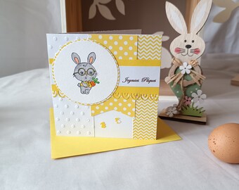Carte Joyeuses Pâques jaune et blanche, lapin, format 13x13cm / fête de Pâques 2024 / cadeau Pâques / joyeuses Pâques