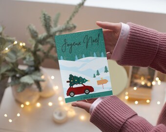 Carte de vœux « joyeux Noël » avec une voiture à télécharger et à imprimer Carte de vœux 2024 à télécharger / carte de Noël à imprimer