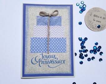 Carte Joyeux Anniversaire bleu marine, 3 cadeaux, format 10,5x14,7cm