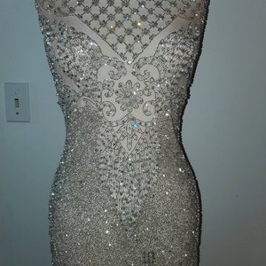 Heavy beaded full body Front/back Applique rhinestone Fabric pearl applique bodice panel Silver panel wedding dress haute couture patch