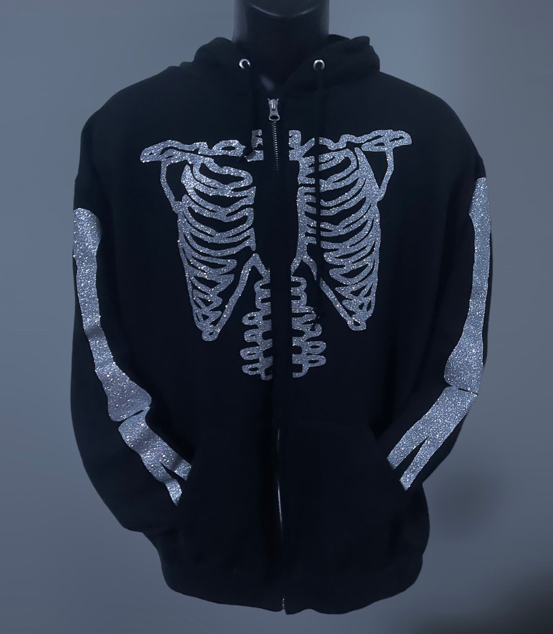 Skeleton Zip Hoodie Streetwear Jacket Zip up Hoodie Glitter Halloween ...