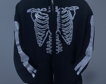 Skelett Zip Hoodie | Streetwear Jacke Zip Up Hoodie | Glitzer | Halloween Skelett Kapuzenpullover | Gender Neural Fashion Jacke