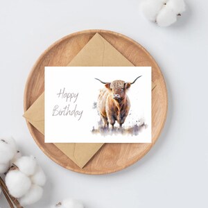 Watercolor Highland Cow Birthday Card: A6 or B5 with Kraft Envelope