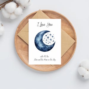 Toutes les étoiles et la lune dans le ciel | Je t'aime | Je vous souhaite bonne chance | Félicitations | Cartes de voeux joyeux anniversaire | Carte Etoiles Lune
