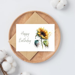Biglietti di auguri di buon compleanno con girasole ad acquerello / Biglietto con fiore di sole luminoso