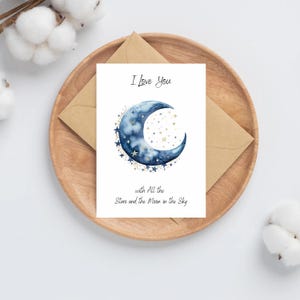 Toutes les étoiles et la lune dans le ciel | Je t'aime | Je vous souhaite bonne chance | Félicitations | Cartes de voeux joyeux anniversaire | Carte Etoiles Lune