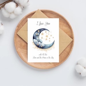 Toutes les étoiles et la lune dans le ciel | Je t'aime | Je vous souhaite bonne chance | Félicitations | Cartes de voeux joyeux anniversaire | Carte Etoiles Lune